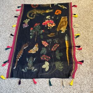 Vilagallo Wool Woodland Animal/Plant Print Scarf with Tassels